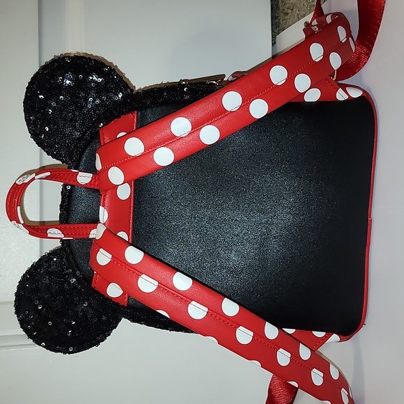 Disney Parks Loungefly Minnie Mouse Sequin Red and White Polka Dots Backpack - Picture 2 of 5